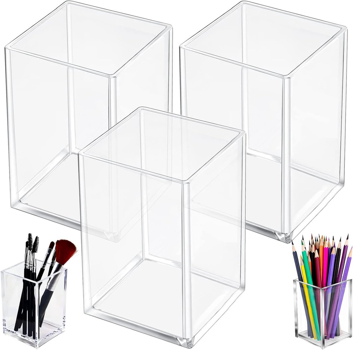 Transparante Pennenhouder voor Bureau, 3 Stuks Potloden Etuis, Organizer voor Make-up en Kantoorbenodigdheden, 10.5 x 6.5 x 6.5 cm, Ideaal voor Opberging en Creatieve Werkruimtes
