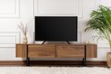 Tv-meubel in walnoothout-look met twee lades en metalen poten.