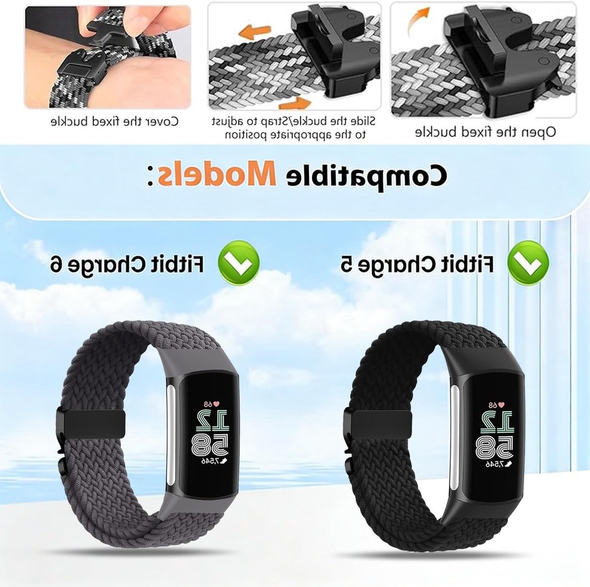 Nylon Gevlochten Armband Geschikt voor Fitbit Charge 5/6 - Elastische Band met Parachute Gesp voor Dames en Heren