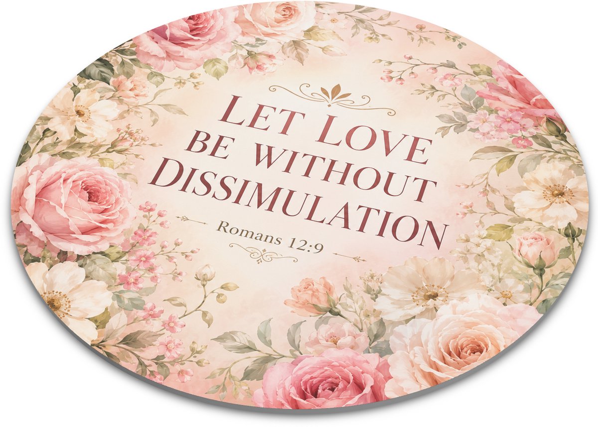 Ronde muismat met bijbeltekst Romans 12:9 – Let Love Be Without Dissimulation – roze rozen, zachte bloemen en christelijke liefde quote in aquarel