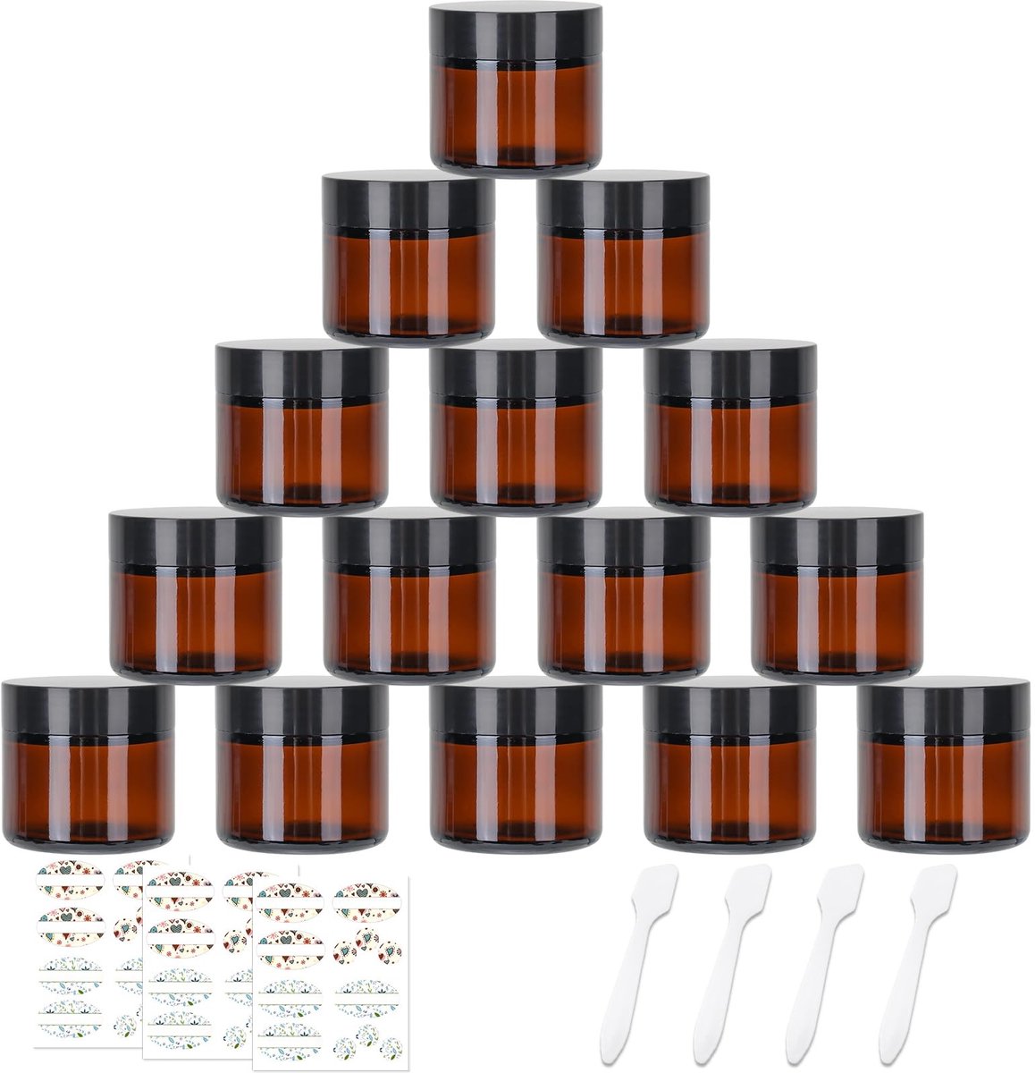 Cosensi- Glazen Potjes 15 stuks 60 ml - Luchtdicht - Lekvrij - Met zwarte deksels - Voor cosmetica - Amber glas met labels
