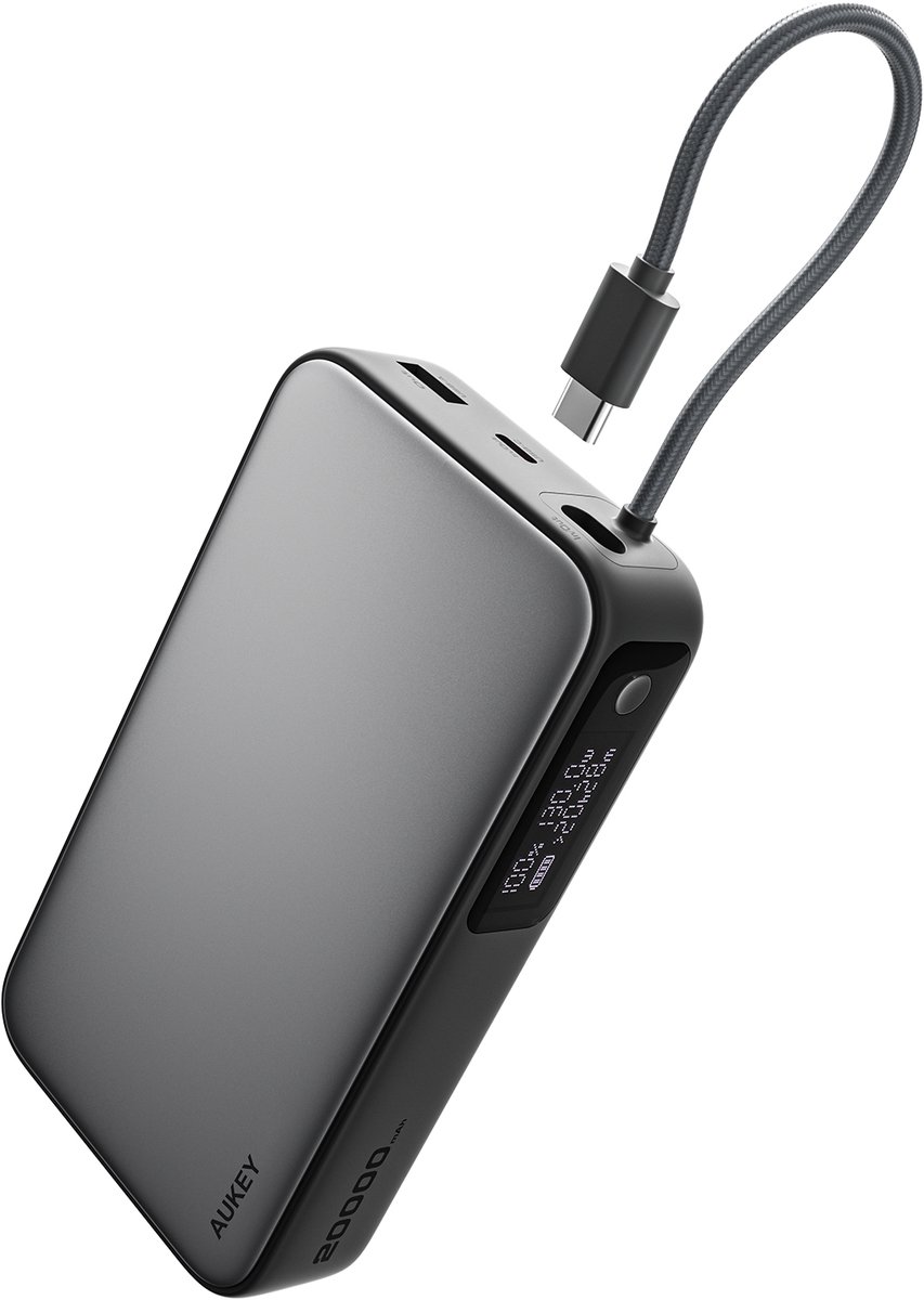 AUKEY PB-Y48 - Krachtige Powerbank van 20.000mAh - 100W - Geïntegreerde USB-C kabel - Storm Gray