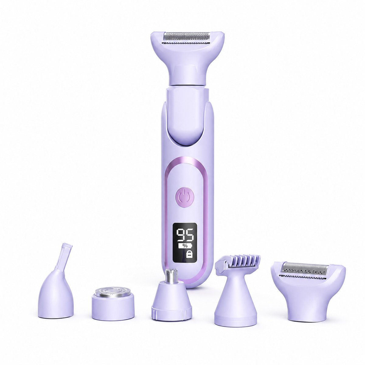 5-in-1 Elektrische Lady Shaver en Trimmer - IPX7 Waterdicht - Pijnloos Scheerapparaat voor Gezicht, Lichaam, Oksels en Bikinilijn - Draadloos met LED Display - paars