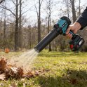 Hand wordt gebruikt om een blauwe/zwarte bladblazer te gebruiken om herfstbladeren op een grasveld te blazen.