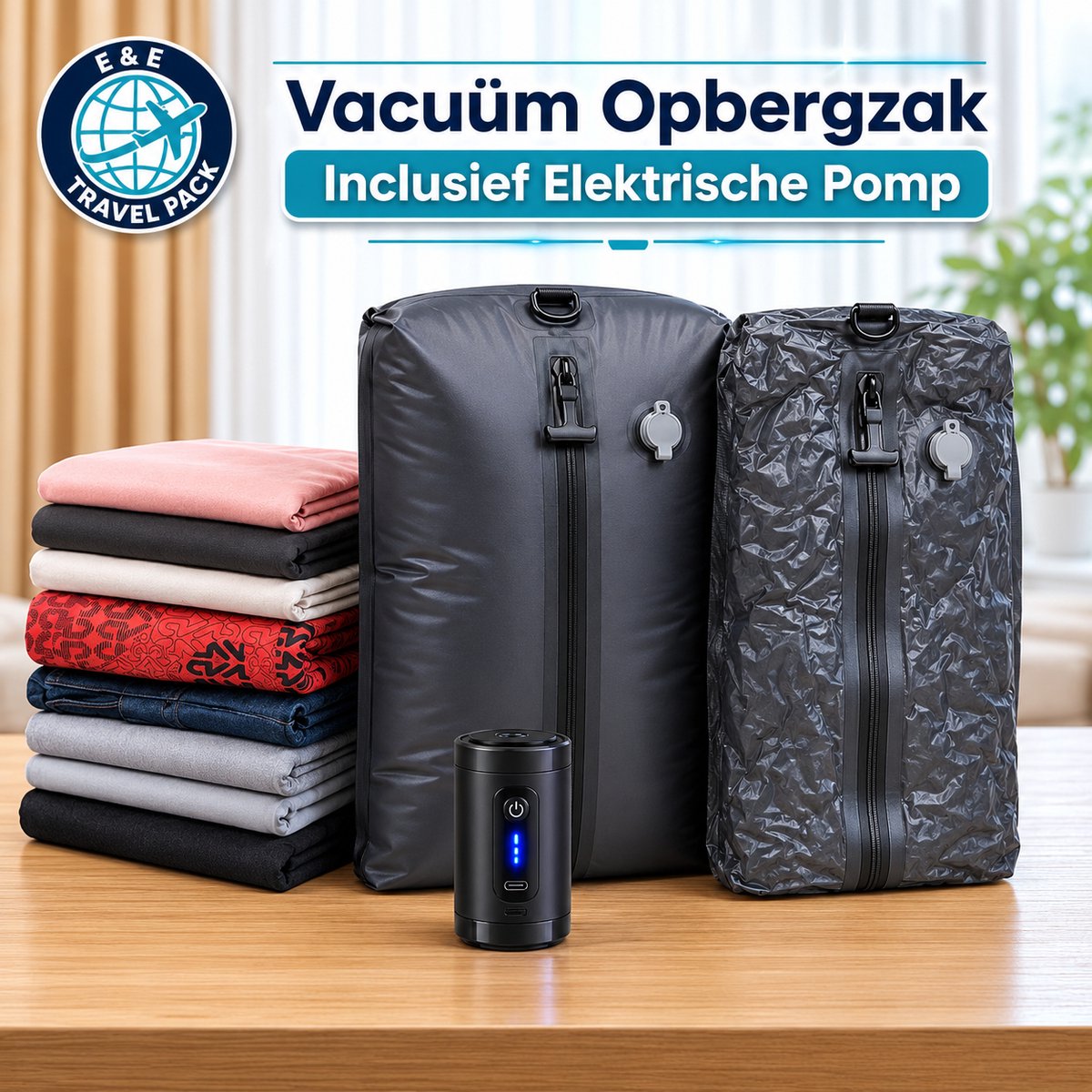 Premium Vacuüm Opbergzak 28L met Elektrische Pomp – IPX8 Waterdicht – E&E Travel Pack Compressiezak voor Kleding – Reis Organizer voor Koffer, Backpack, Handbagage, – Ruimtebesparend IPX8 Waterdicht – Backpacken, Kamperen en Vakantie