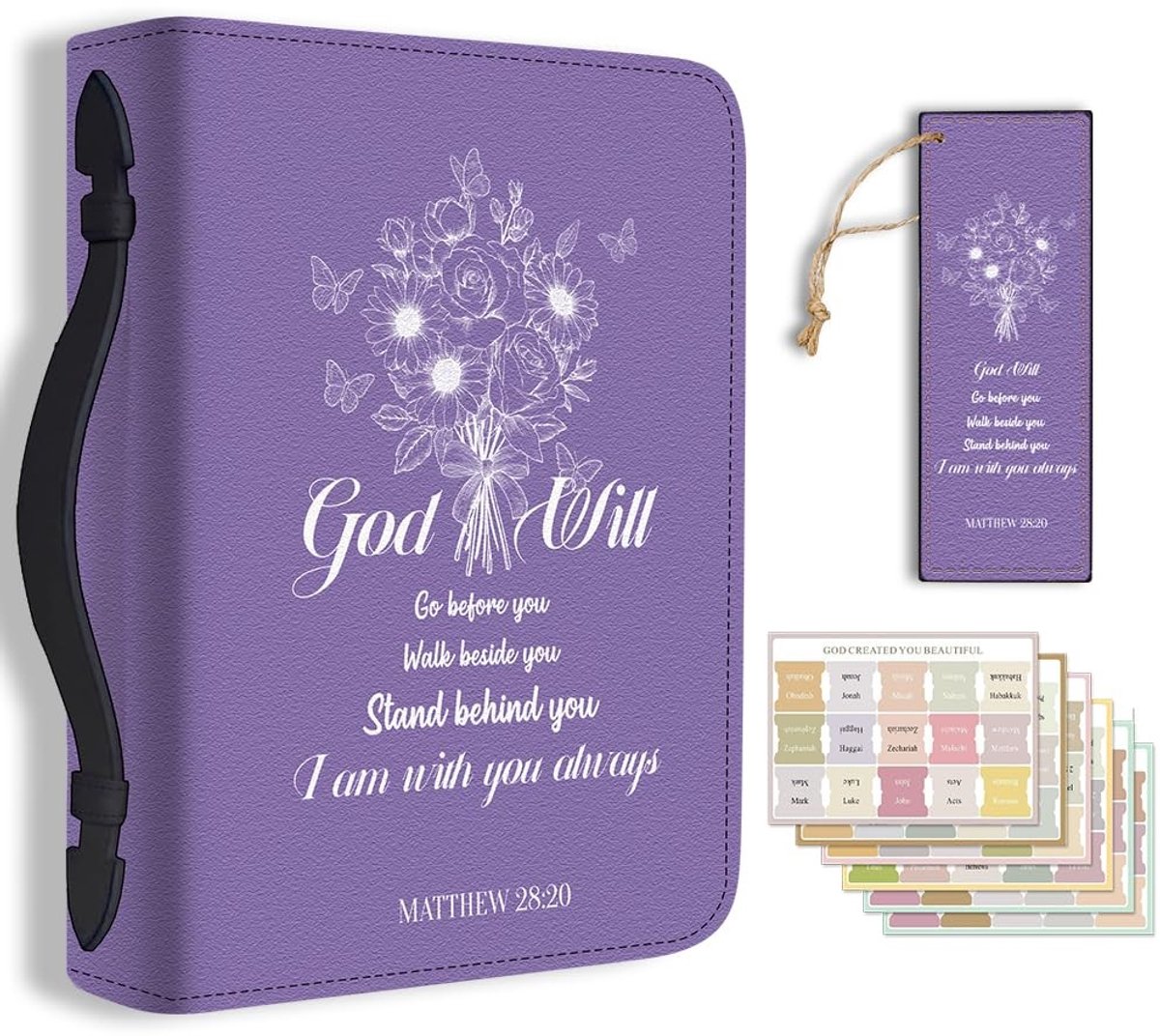 Dailygoods- Bijbelcover Grote Maat - PU Lederen Draagtas - Bladwijzer - Indexbijbelstickers - Bloemen/Vlinders - Inspirerende Citaten - Bijbeltas