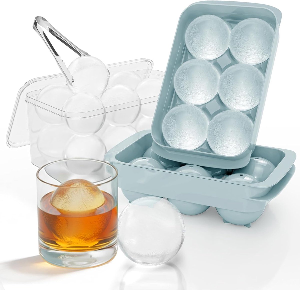 Ulisem - IJsbalmaker - 2 stuks - Groot formaat - Met opbergbox en ijstang - Vormt 12 ijsballen - Lekvrij ontwerp - Voor whisky en cocktails - Langzaam smeltend - Herbruikbaar - BPA-vrij - Cadeau voor mannen - Wit