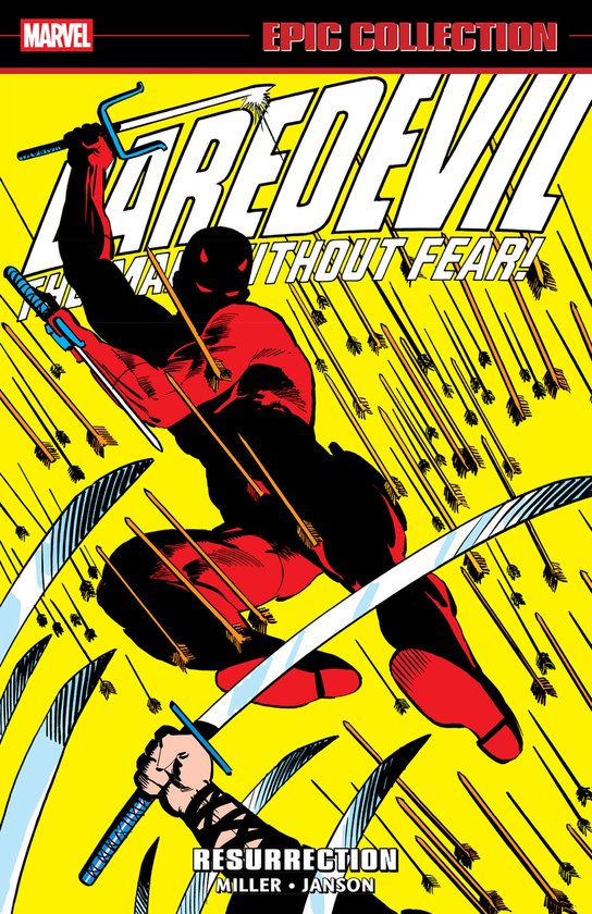 Daredevil in rood en zwart, vechtend met zwaarden, omringd door pijlen. "Daredevil: Resurrection" staat bovenaan.
