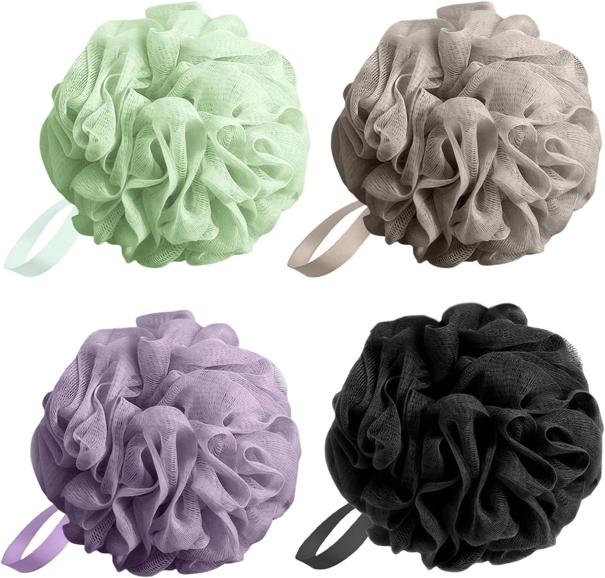 4 Stuks Bad Sponsen - Extra Grote Mesh Douche Loofah Ballen voor Effectieve Lichaamsreiniging en Peeling (Paars + Lichtgroen + Grijs)