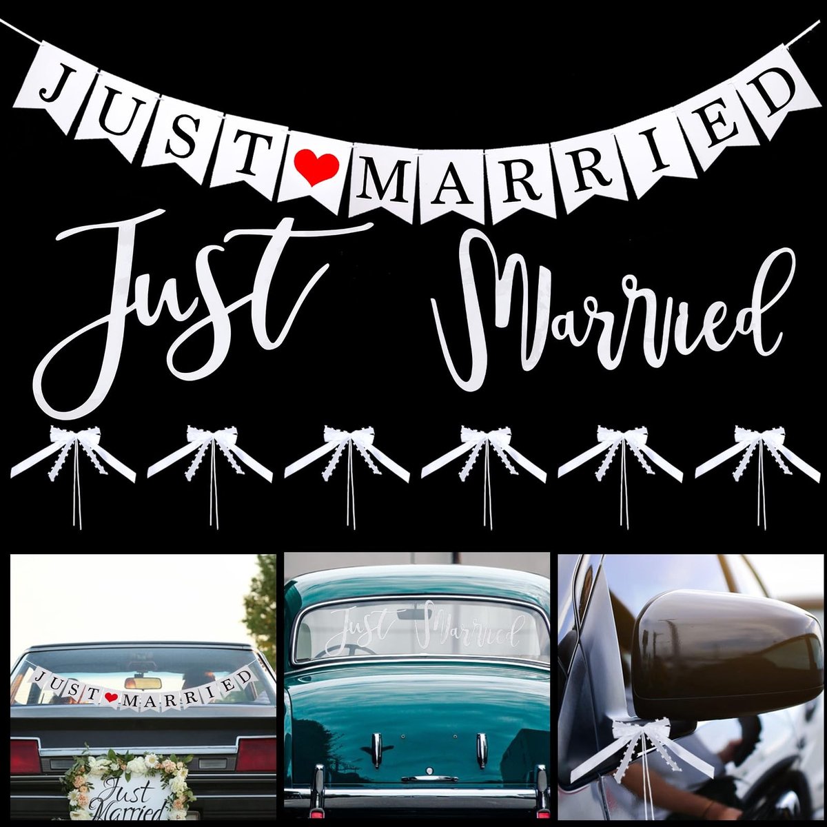 NTH products- Autodecoratie Net Getrouwd - Herbruikbare Stickers - Banner - Boog - Kleurrijk - Polyester en Kunststof - Trouwdecoratie