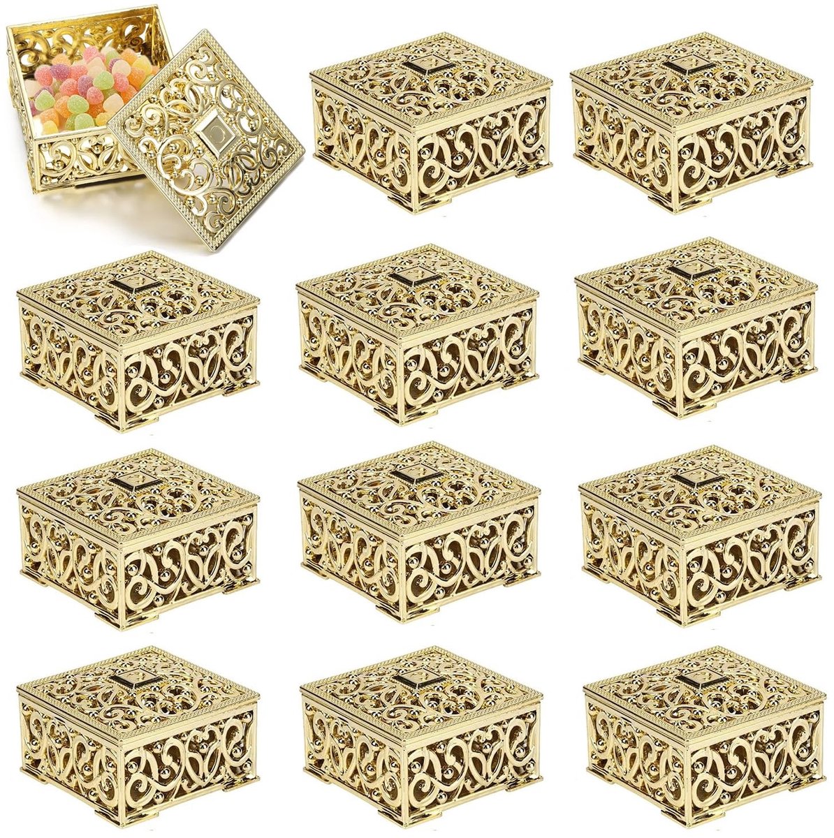 JHUBERS- Trouwfavorietenboxen 12 Stuks - Mini Candy Box - Hallow-out Design - PS Kunststof - Goudkleurig - Voor Bruiloft/Babyshower - Candybox