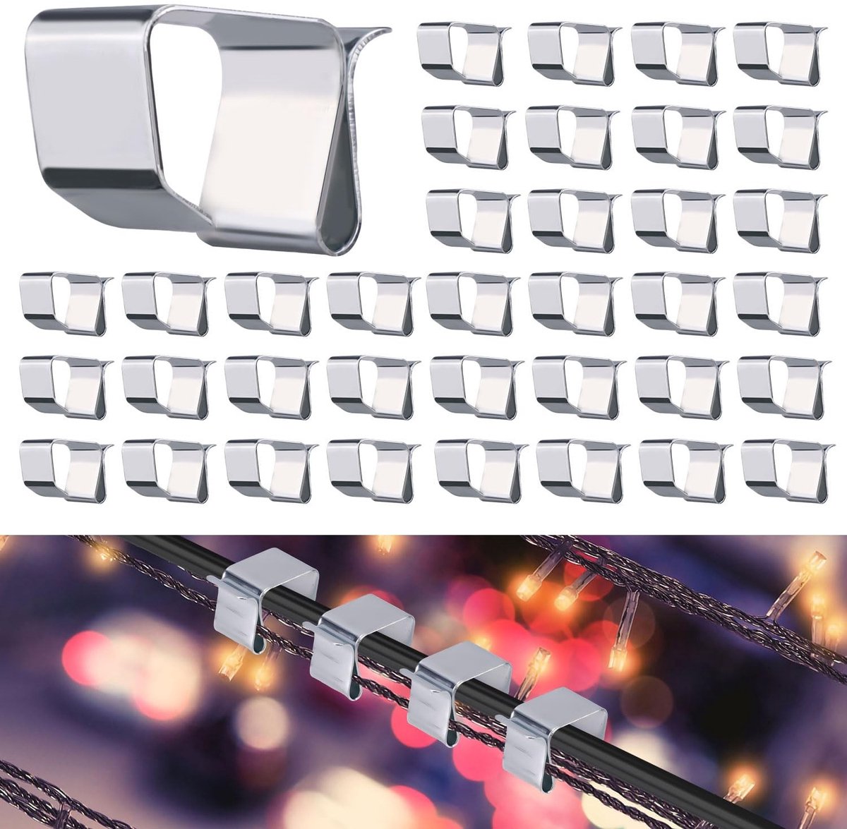 BRENZOOS- Kerstverlichtingshaken 50st - Gegalvaniseerd Mangaanstaal - Eenvoudig te Installeren - Voor Lichtsnoeren - Afmetingen 2,2 x 1,4 cm - Zilver - Lichtclips