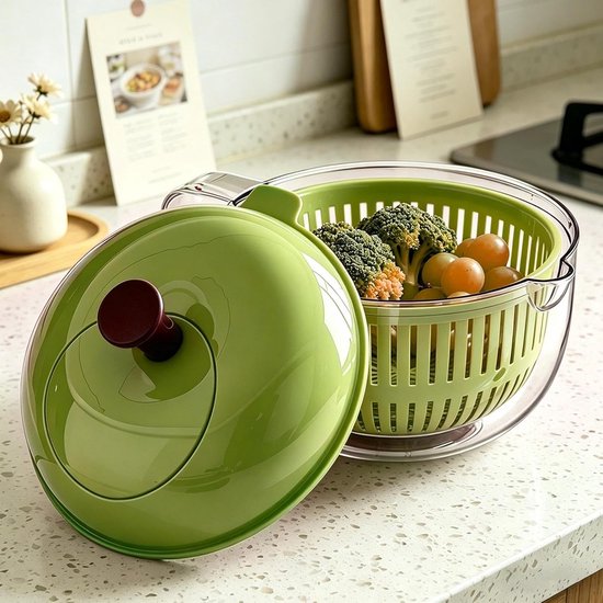 Fruitwasser Kom - Groente Slinger - Verse Salades Maken - Wiebelvrij Droogproces - 23 x 23 x 18 cm - Groen — afbeelding 5