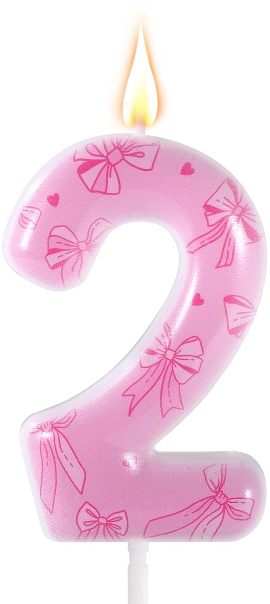 Dailygoods- Verjaardagskaars Roze Strik - Cijferkaars 2 - Taartdecoratie - Verjaardagstaart Topper - Feestdecoratie - Premium Was 6x4cm - Taarttopper