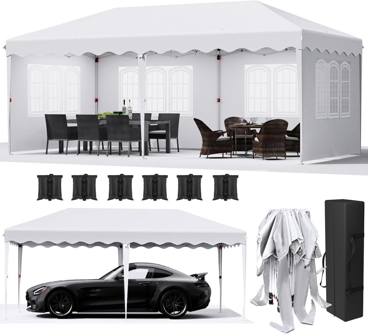 Opvouwbare Partytent - Feesttent Paviljoen - Buitenfeesten Organiseren - Waterdicht UV-beschermend - 3 x 6 meter - Wit