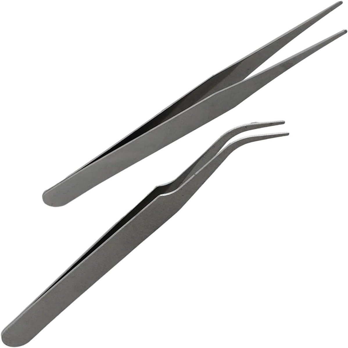 Pincetten Set - Precisie Tangen - Kleine Onderdelen Verwerken - Roestvrij Staal - Set van 2 - Zilverkleurig