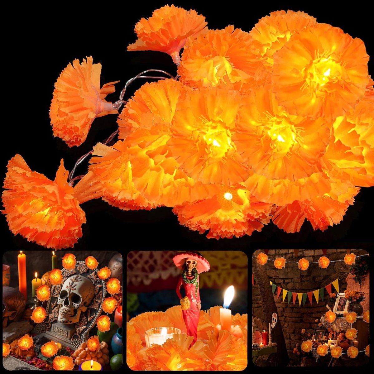 ZVD Set van 3 verlichte afrikaantjesslingers (elk 1,5 m / 10 LED's) – kunstbloemensnoer voor Dia de los Muertos, Halloween, Diwali en Indiase feesten
