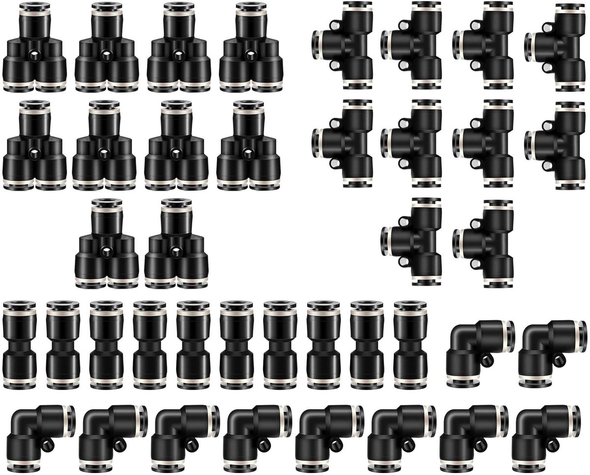 Dailygoods- Pneumatische Fittingen 40 Stuks - Push to Connect - T-vorm/Elleboog/Y-tak/Recht - Eenvoudige Installatie - Goede Afdichting - Sterk Kunststof - Luchtfittingen