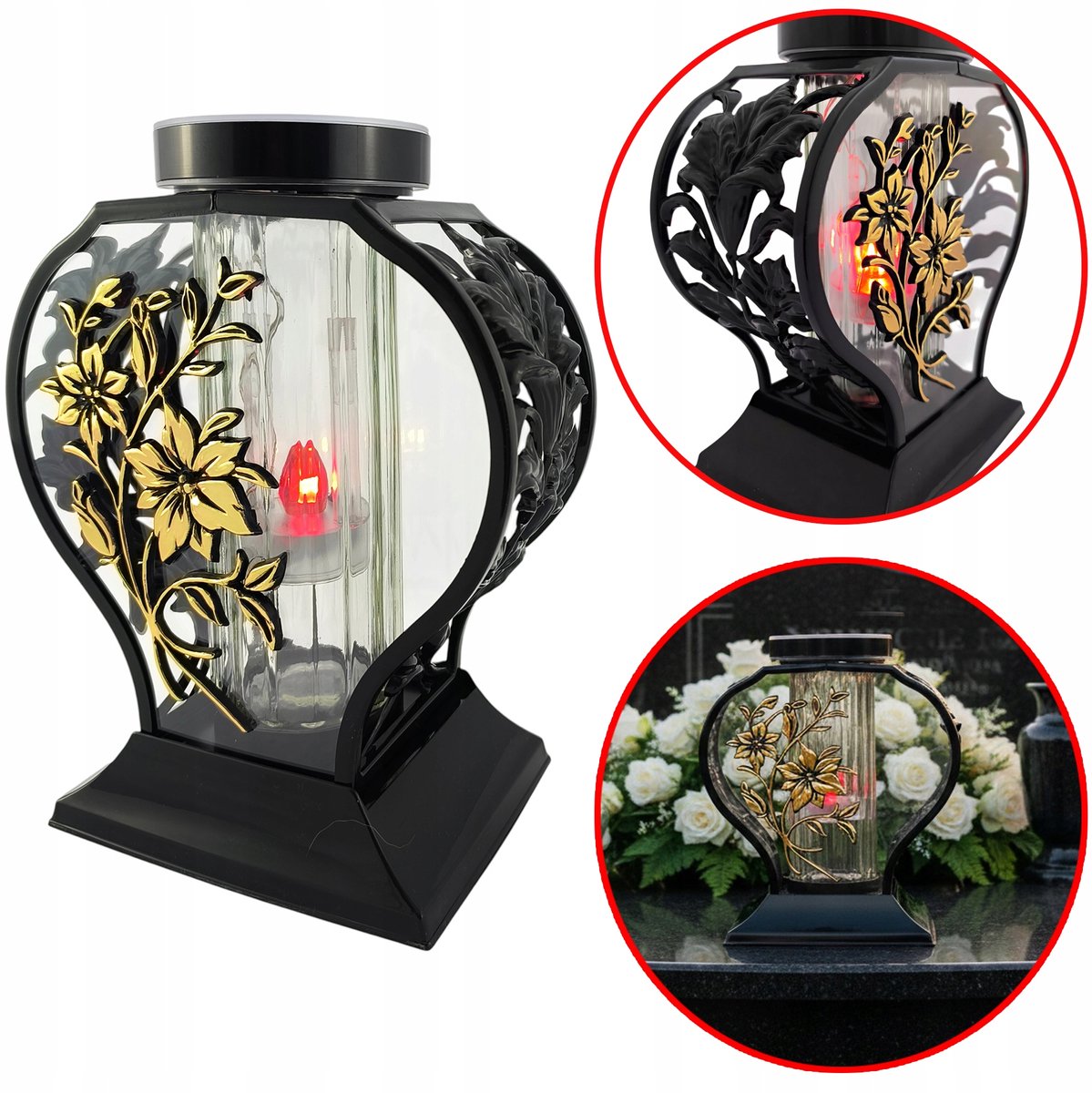 Zonnefliser Zwart met Gouden Lelie, Rode LED