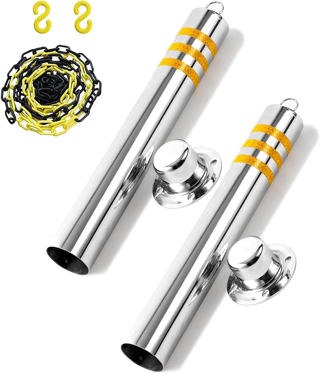Parkeerpaal Set - Veiligheidspalen Oprit - Toegang Blokkeren - Inclusief Ketting Slot - 2x 80cm - Zilver