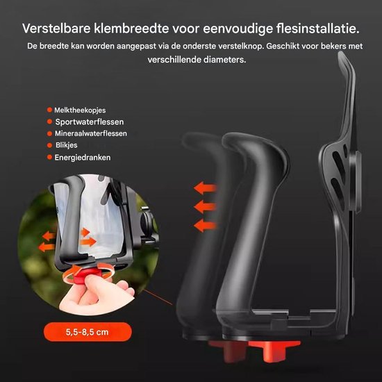Fleshouder Fiets - Drinkhouder Stuur - Onderweg Drinken - Gereedschapsloze Montage - 20-35mm Frame - Zwart — afbeelding 5