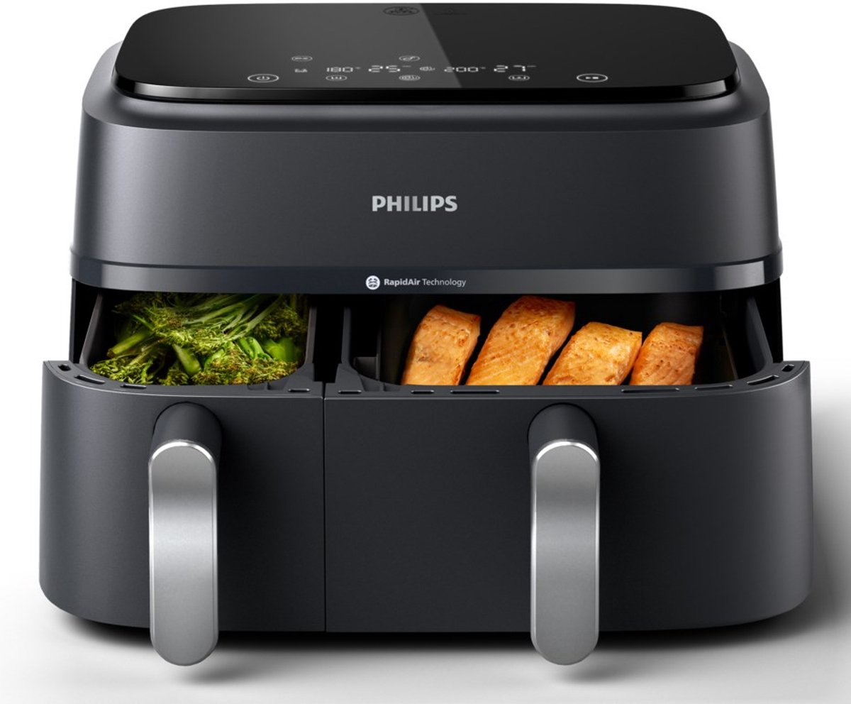 Bol.com Philips 3000 Series Dual Airfryer - NA351/00 - Dubbele Mand - 9L - Tot 6 Personen - Zwart/Zilver aanbieding