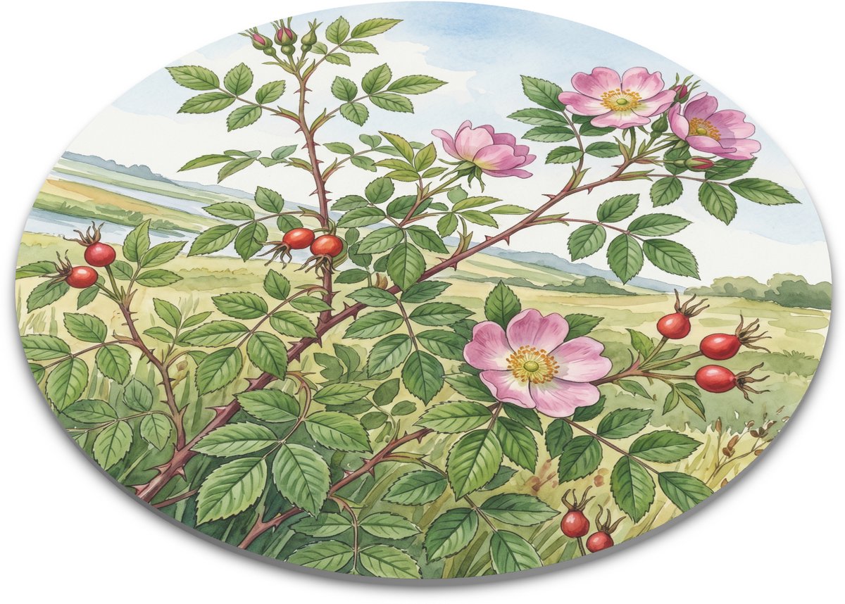 Ronde muismat wigbladige roos Rosa elliptica – botanische aquarel met roze wilde rozen, bottels, doornige takken en natuurlijk duinachtig landschap voor bureau of werkplek