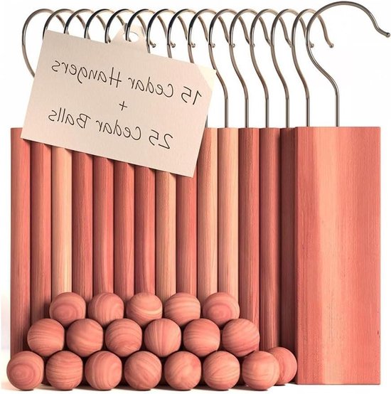 Cederhouten Kledingbescherming - Kastverfrisser Ladeverfrisser - Kleding Opbergen Beschermen - Natuurlijke Geur Vochtwerend - 15 Hangers 25 Ballen - Natuurlijk Hout