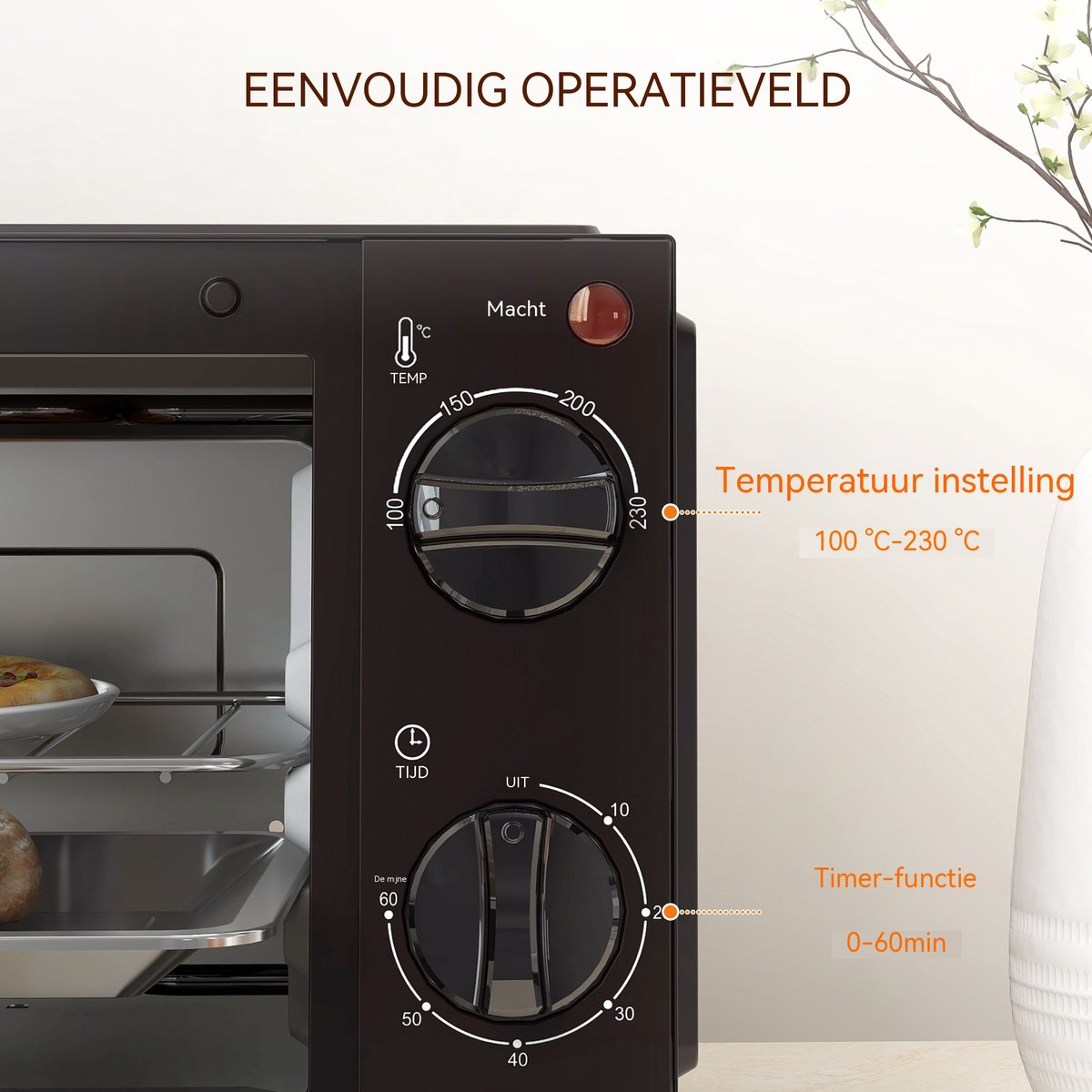 Mini Oven - Kleine Elektrische Bakoven - Instelbare Temperatuur 100-230°C - 60 Minuten Timer - 750W 9 Liter - Voor Camping en Keuken - 35x24,6x20cm - Zwart – foto 2