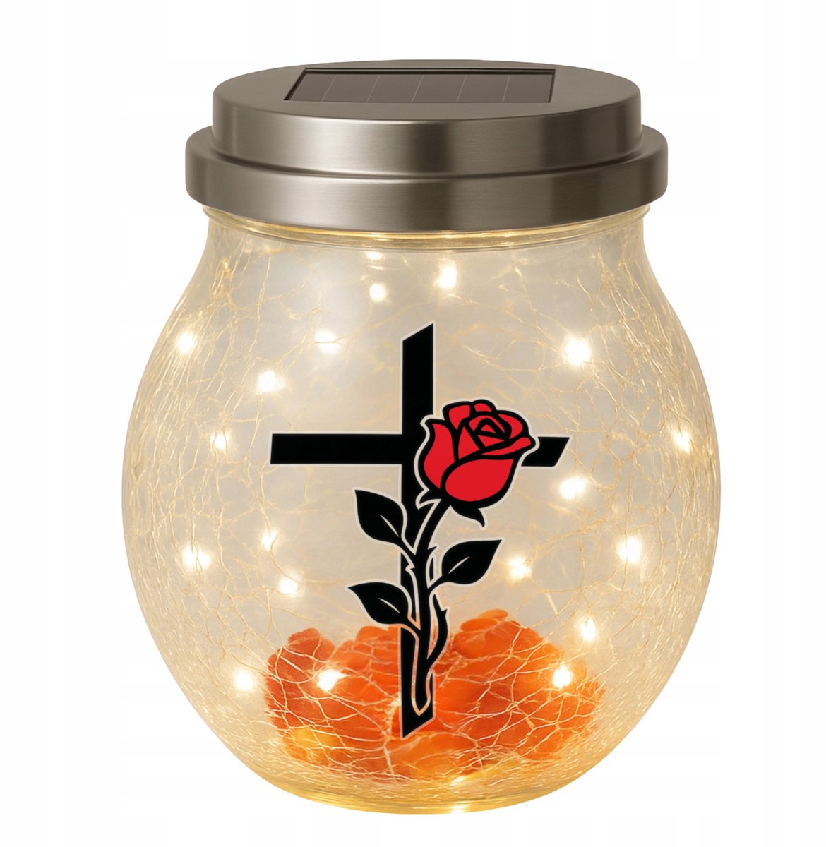 Zonnelantaarn Grafsteen met LED: Rozenkruis, Decoratief Glas & RVS