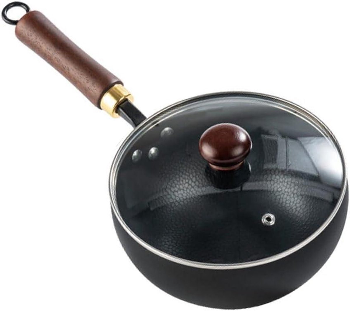 Koolstofstalen Wok Roerbakpan met Deksel Gezond Koken Gehamerd Antikleefoppervlak 20 of 24 cm Zwart