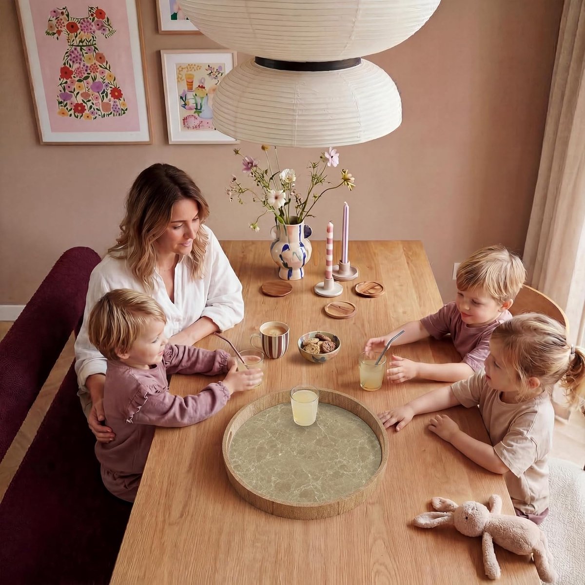 Houten Dienblad Rond - Serveerschaal Handgrepen - Ontbijt Op Bed - Krasbestendig Hittebestendig - 50x50 cm - Marmer Beige — cadeau in Cadeau-ideeën - foto 6