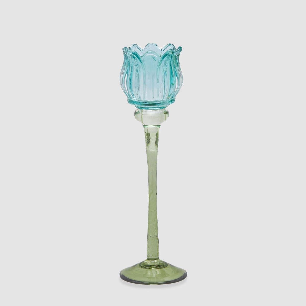 Theelichthouder Tulp - Glazen kandelaar - Sfeer creëren - Realistisch bloemontwerp - 28x8cm - Lichtblauw