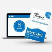 Laptop met een studieboek 'Even spieken? Basiswoordenschat Nederlands voor anderstaligen' en een online icoon.