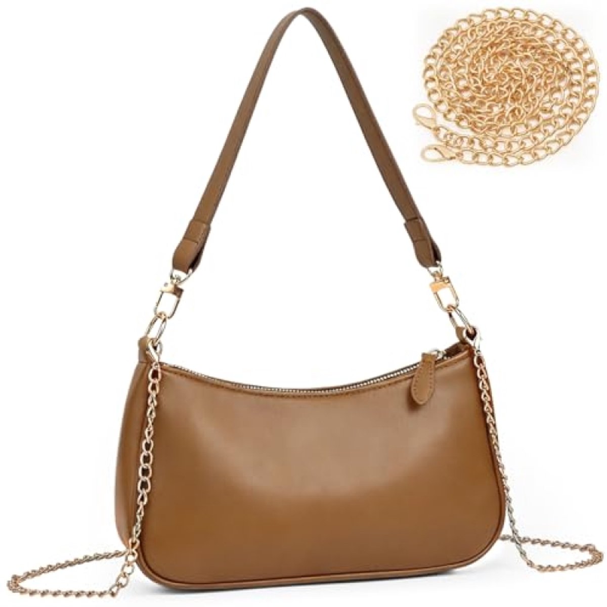 Kleine handtas voor dames, clutch met ketting, mini hobo schoudertas, ritssluiting, bruin, 26x8x15 cm