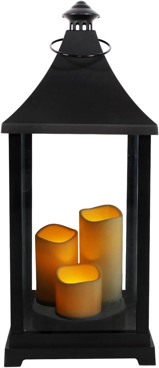 XXL Lantaarn - Windlicht Tuin - Sfeerverlichting Creëren - Incl. 3 LED Kaarsen - H59xB24cm - Zwart
