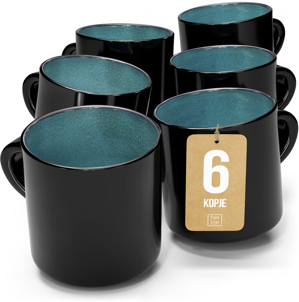 Pure Living Ibiza Dark Set Van 6 Koffiekopjes - 350ml - Grijsblauw - Aardewerk - Vaatwasserbestendig - Magnetronbestendig