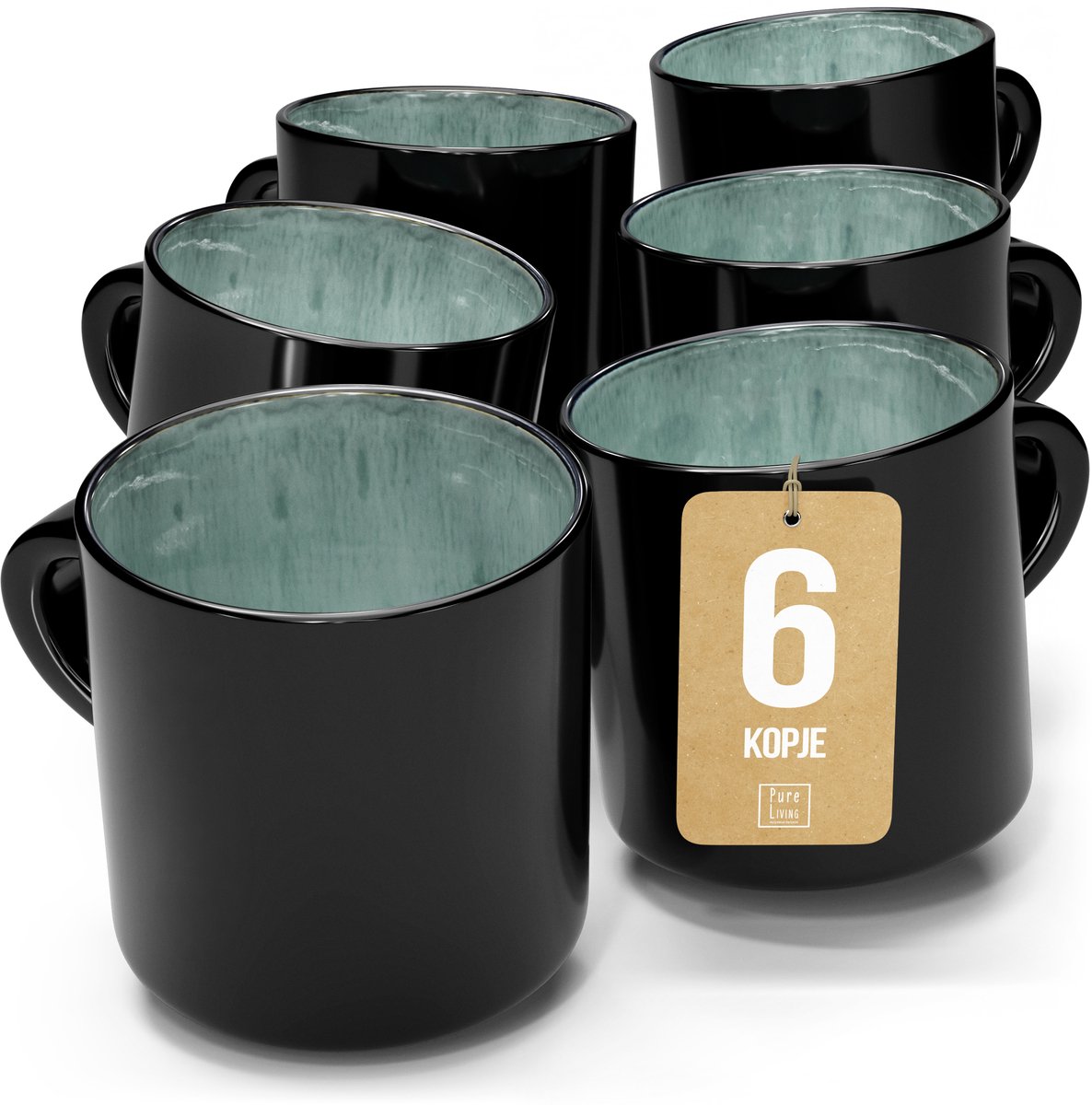 Pure Living Ibiza Dark Set Van 6 Koffiekopjes - 350ml - Saliegroen - Aardewerk - Vaatwasserbestendig - Magnetronbestendig