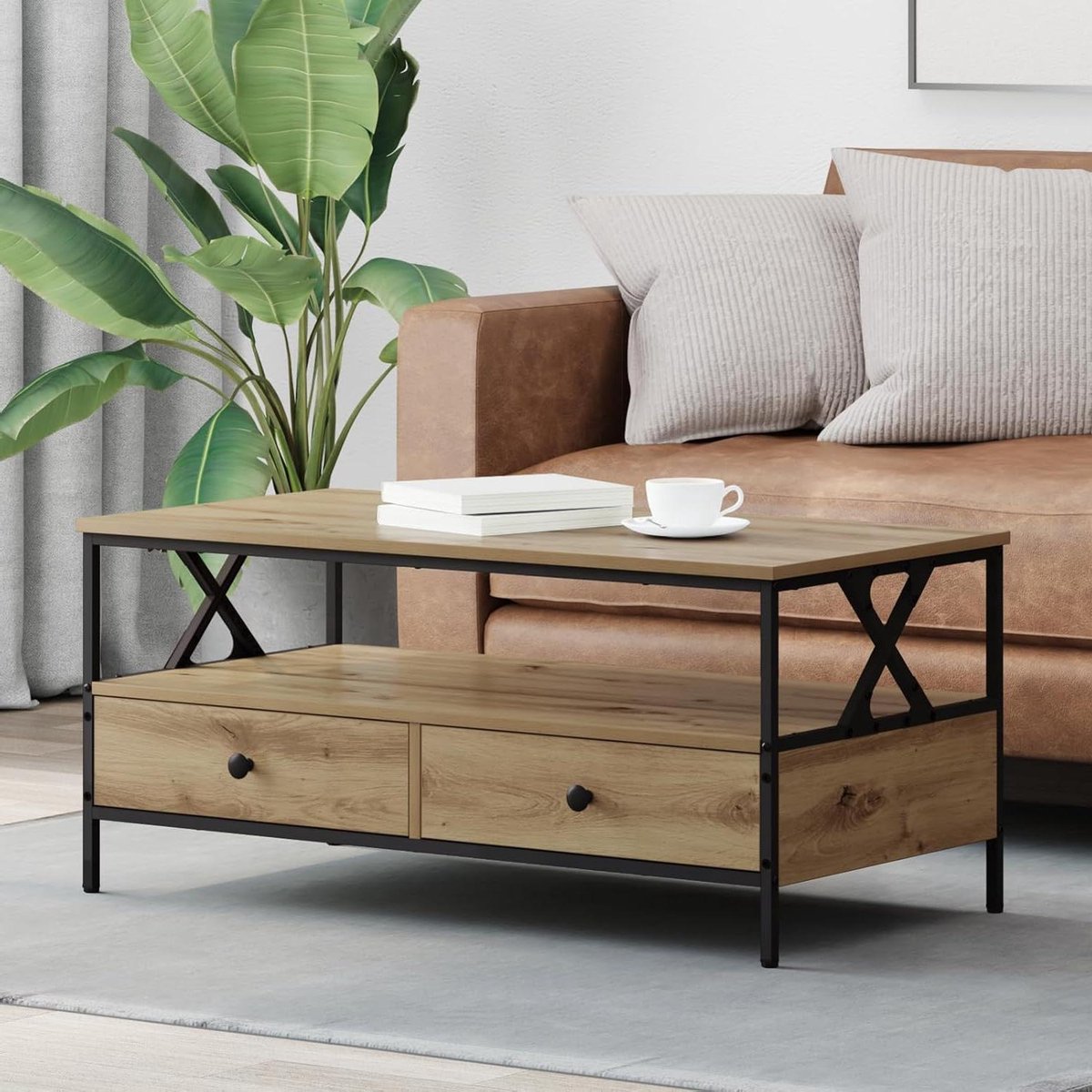 Gecheer Koffietafel eiken ambachtelijk 100 x 51 x 45 cm houtmateriaal salontafel bijzettafels moderne koffietafel voor woonkamer slaapkamer