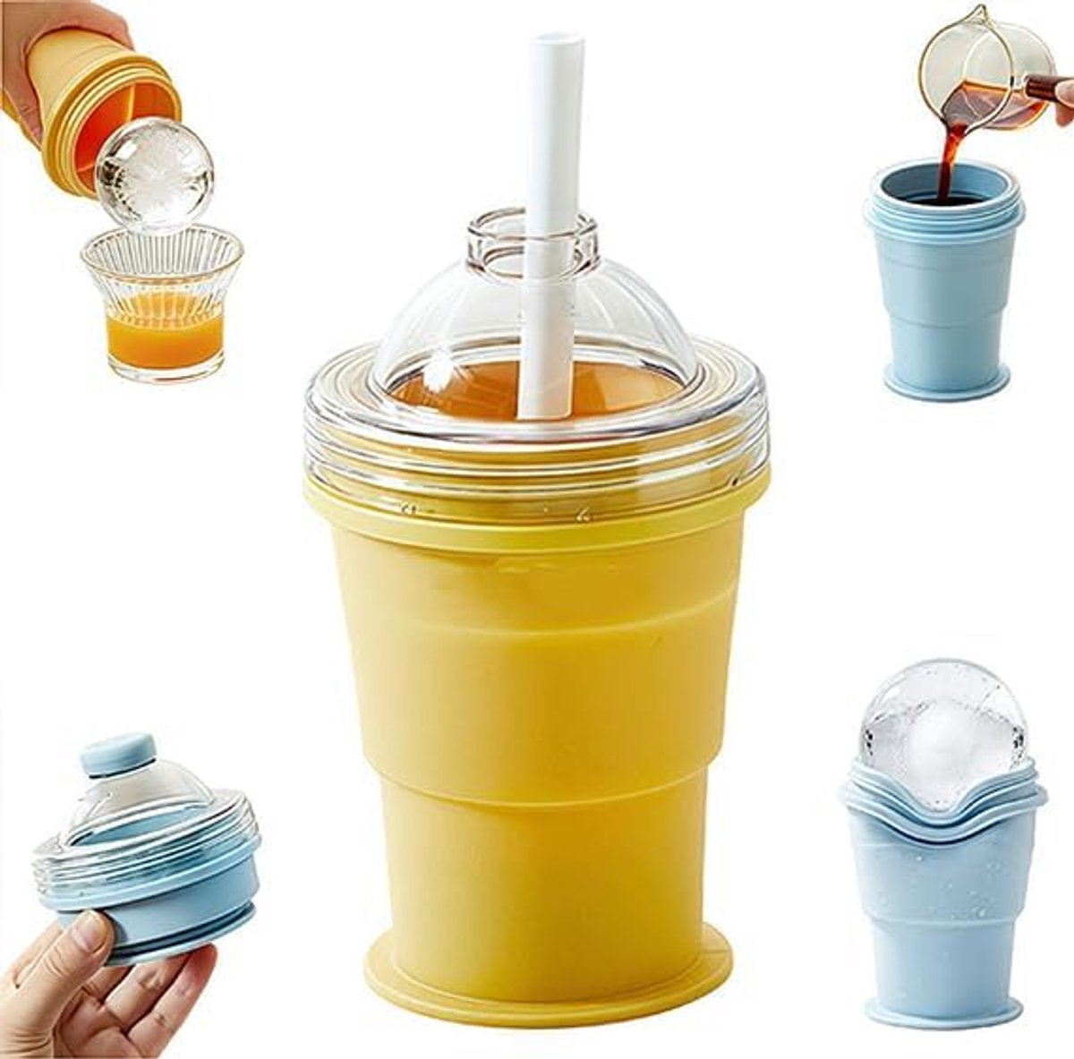2-in-1 Opvouwbare Siliconen IJsbolmaker-beker, Opklapbare Drinkbeker met IJsbolvorm, Draagbare Reisbeker, 2,3 inch Bolvormige IJsblokjes voor Whiskey, Cocktails, Koffie en Sap - geel - 12.5*7*7cm