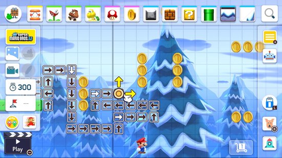Mario is op een besneeuwd winterlandschap. Willekeurige pijlen wijzen omhoog en naar rechts. Er zijn gouden munten.