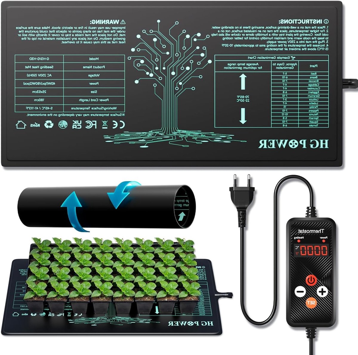 Verwarmingsmat met Thermostaat - Ideale Verwarmingsmat voor Planten, Kweektent en Terrarium, Temperatuurregelaar voor Optimale Groei, 53 cm