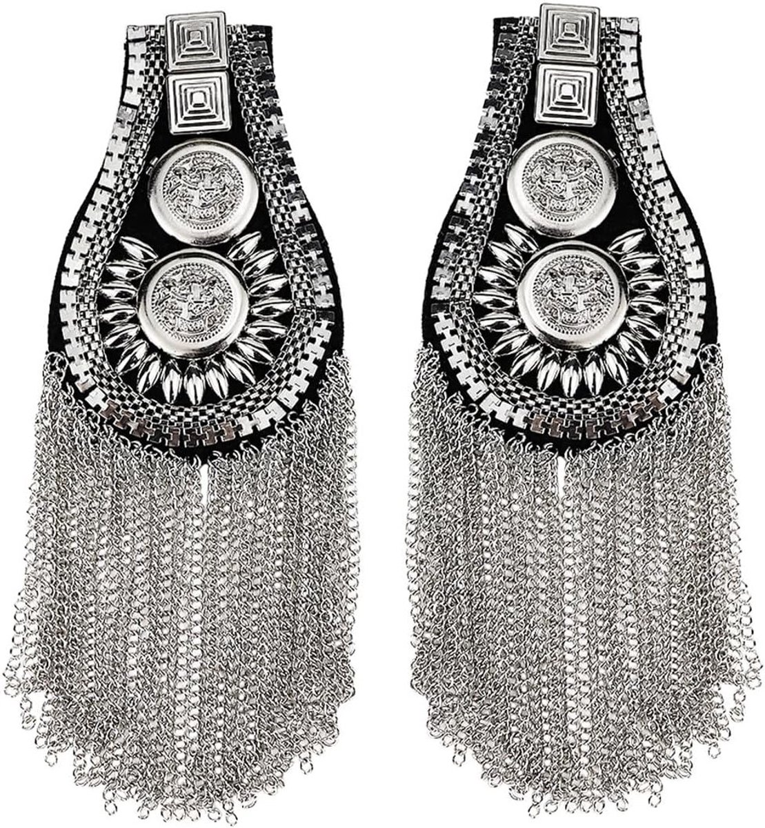 2 Stuks Mode Kwastje Schouder Badge Unisex Klinknagel Epaulet Metalen Punk Accessoires voor Kostuum en Uniformen, Afneembare Fringe Chain voor Mannen en Vrouwen