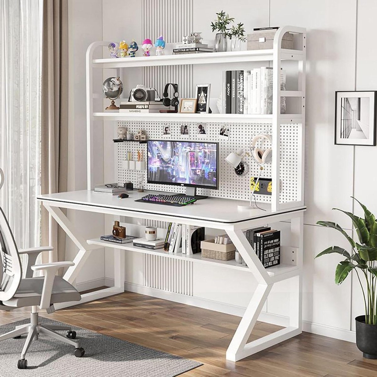 Bureau met opbergkast - Werktafel met plank - Thuiswerken organiseren - Stabiele K-vormige poten - 80x60x170cm - Wit
