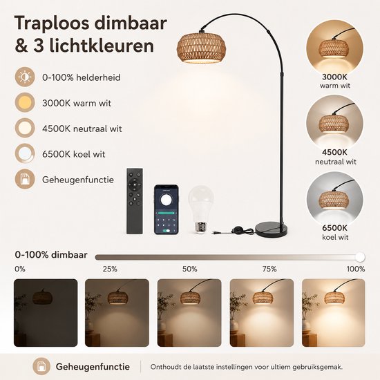 Rosnek Slimme Booglamp met Rotan Kap - Traploos Dimbare Arc Vloerlamp - E27-fitting - Zware Marmeren Voet - Bohemian & Industrieel - Bediening via App