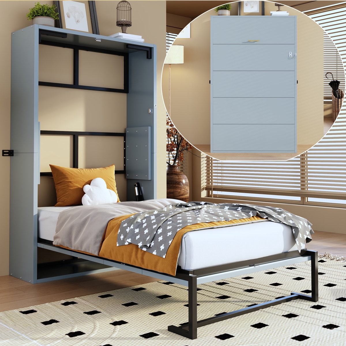 Sweiko Opklapbed - 90 × 200 cm - Metalen frame - Grijs