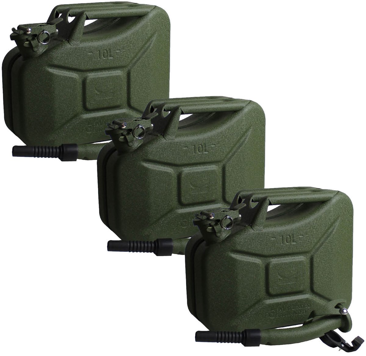 TRUTZHOLM 3x Metalen Jerrycan 10L - Hamerslag Groen - Met UN-Goedkeuring - Krasbestendig Incl. 3x Schenktuit en Houder