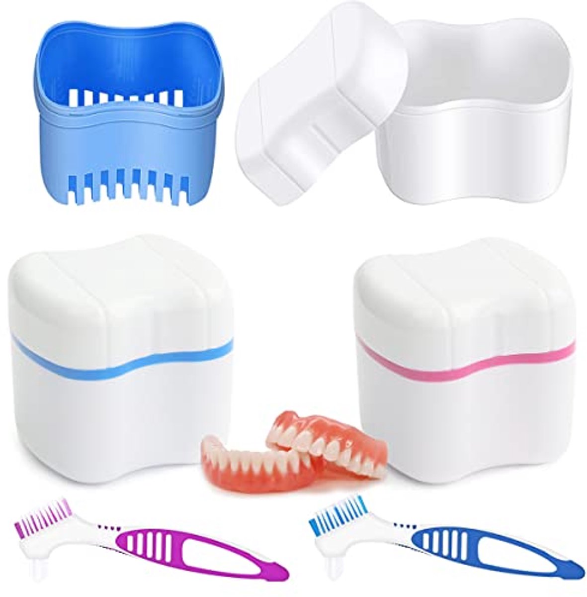 Kunstgebitdoos Set - Prothesehouder Container - Veilig Opbergen - Met Uitneembare Zeef - 2 Stuks - Blauw Roze