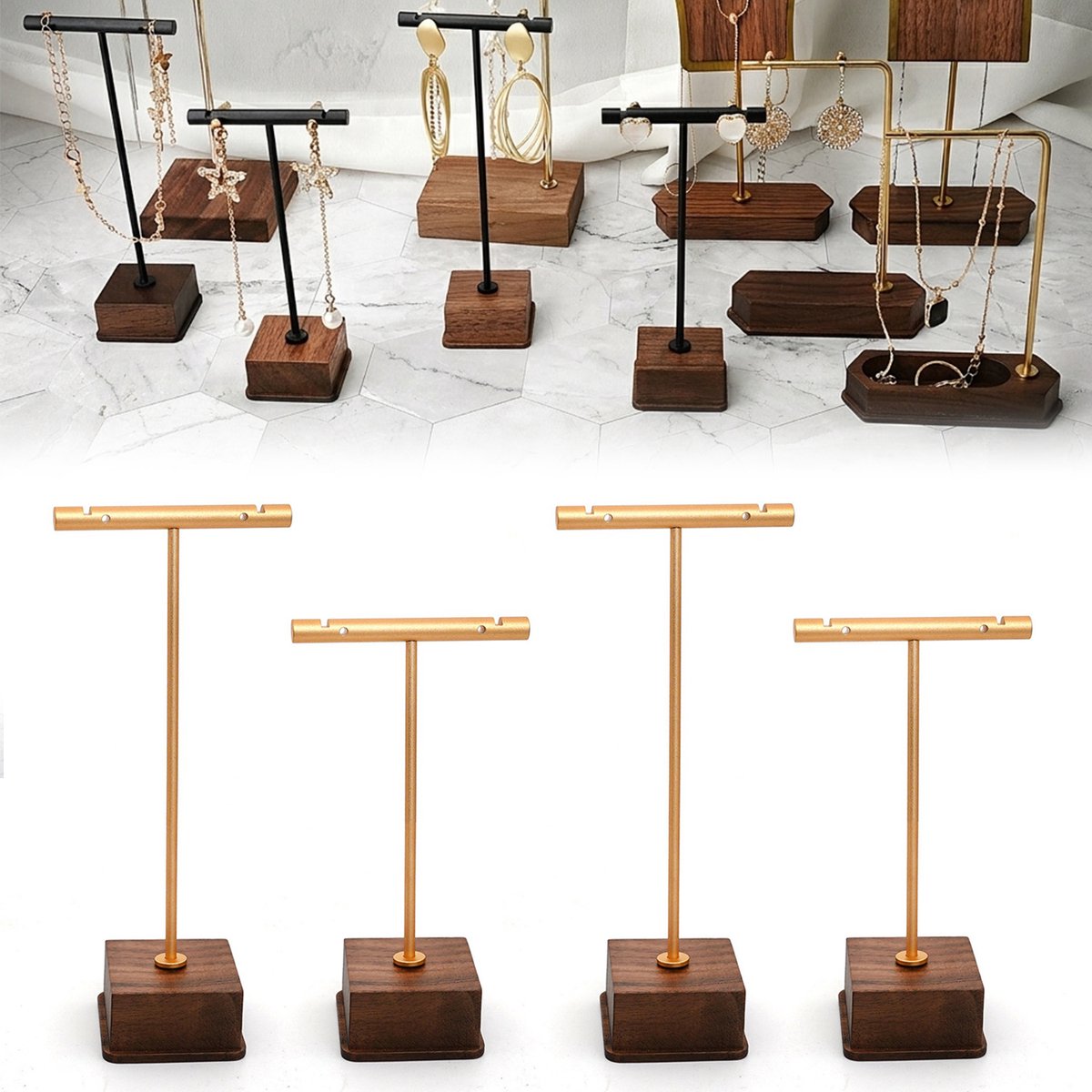 MAGICSHE 4 Stuks T-Vormige Sieradenstandaard, Sieradenhouder, Juwelenhouder - Metalen Frame Met Houten Basis Voor Kettingen, Armbanden, Oorbellen En Ringen Goud