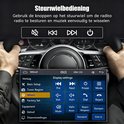 ESSGOO autoradio met stuurwielbediening. Toont een persoon die het stuurwiel bedient, met instellingen op het scherm.